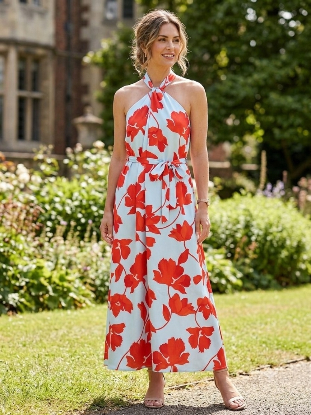 Ann Taylor Blue Halter Maxi Dress Red Orange Poppy Floral Print Sz 6 Petite
